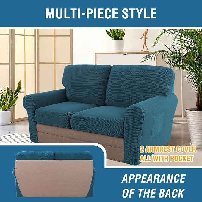 H.VERSAILTEX Multi-Pieces Sofa Covers Stretch Couch Covers Form Fitted Seats and Back Cushions Covers (2 Seat Covers Plus 2 Back Cusion Covers, Bonus 2 Armrest Covers), Deep Teal