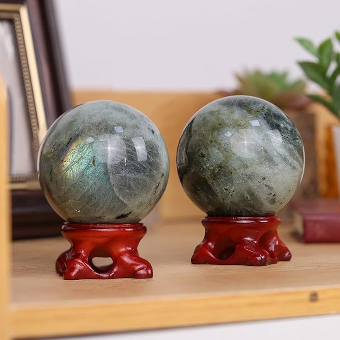 Nupuyai Natural Moonstone Crystal Ball with Resin Stand, Healing Crystal Sphere for Home Decor 2.01"-2.36"(51mm-60mm)
