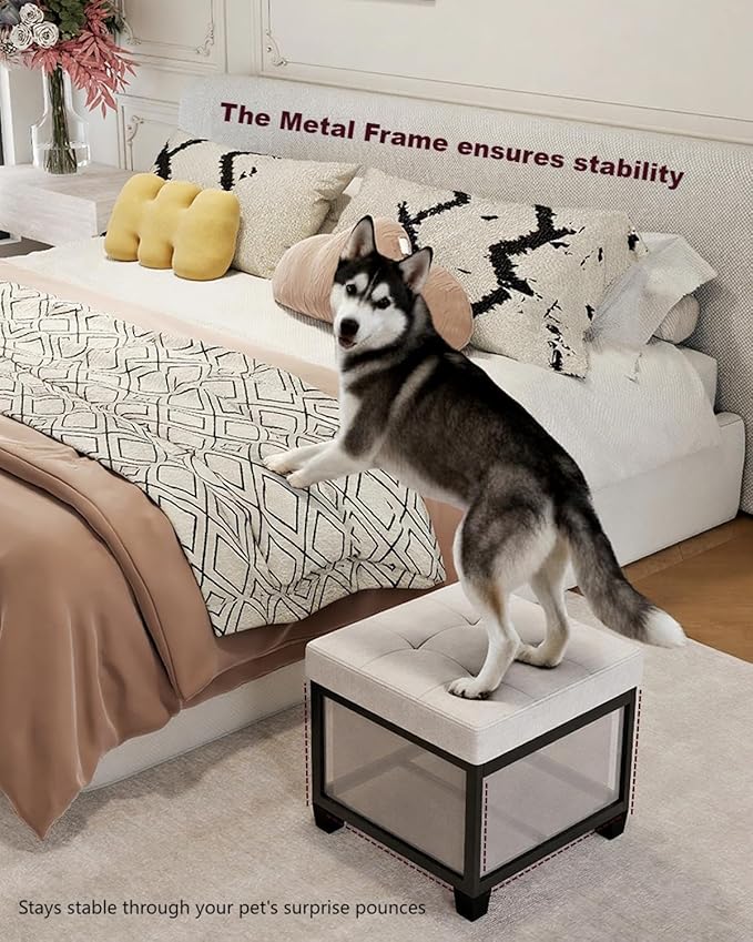 17.7 inches Chenille turfed Ottomans Cube with Storage, Metal-Framed Square Storage Ottoman Foot Rest Stool Holds 770 LB for Dorm Living Room Bedroom White UASND641W