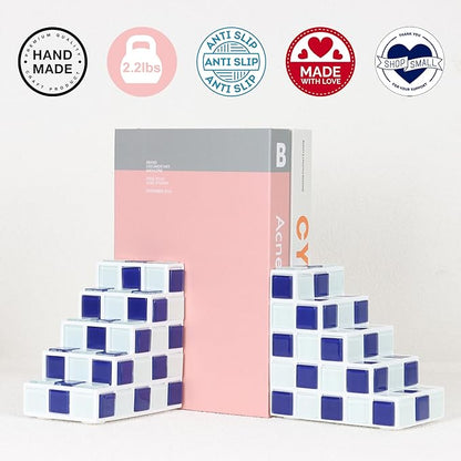 Decorative Bookends for Shelves - Stair Book Ends for Heavy Books - Unique Book Stopper & Holder for Shelves - Modern Home Decor Aesthetic Bookshelf Decor (Blue & White)