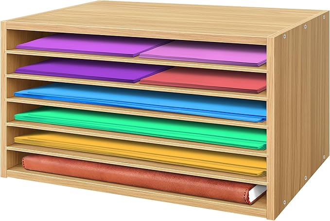 PROLEE Construction Paper Organizer 20" x 13.5" x12.2",Soild Wooden Paper Organizer with 6-Tier Letter Trays, Desktop File Papers Sorter for Home, Classroom and Office (Oak)