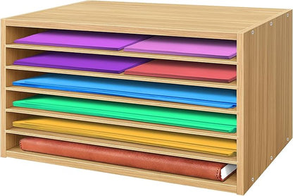 PROLEE Construction Paper Organizer 20" x 13.5" x12.2",Soild Wooden Paper Organizer with 6-Tier Letter Trays, Desktop File Papers Sorter for Home, Classroom and Office (Oak)