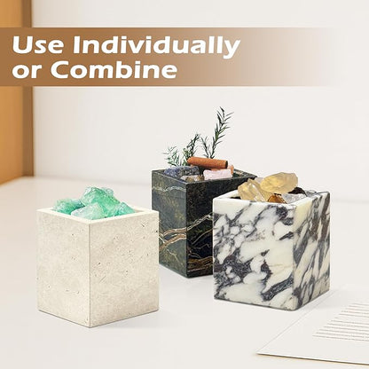 PROLEE Marble Pen Holder, Forest-Inspired Natural Stone Makeup Brush & Toothbrush Holder, Square Marble Container for Candles, Remote Controls, and Bathroom Vanity Organizer (Rainforest Green)
