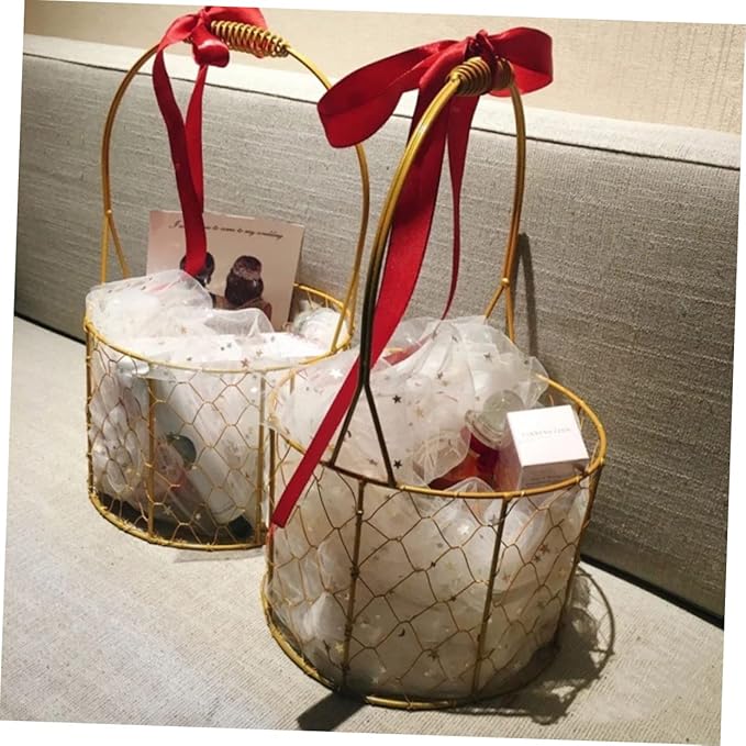 Round Wire Basket with Handle Decorative Storage Basket for Wedding Flower Girl Fruits Crafts Versatile Home Organizer for and Decor