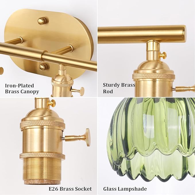 Bathroom Light Fixtures, 4-Light Brass Vanity Wall Light Over Mirror with Green Tulip Glass Shade for Bedroom Living Room (Bulb Not Included)