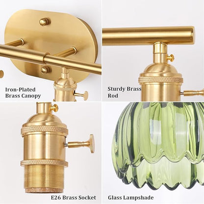 Bathroom Light Fixtures, 4-Light Brass Vanity Wall Light Over Mirror with Green Tulip Glass Shade for Bedroom Living Room (Bulb Not Included)