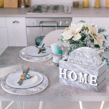 Queekay Coasters Set of 6 House Warming Gifts New Home Wooden Farmhouse Drink Coasters with Holder 4'' Funny Decoration for Kitchen Family Coffee Bar Tabletop Protection(Gray Marble)