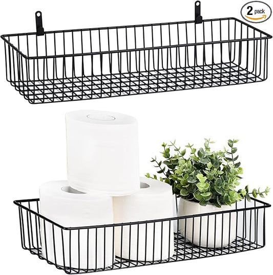 Wetheny Farmhouse Decor Metal Wire Organizer Storage Basket (2 Pack)-Toilet Paper Storage-Organization and Storage for Bedroom, Bathroom, Kitchen Cabinets, Pantry, Laundry Room, Closets (Black)