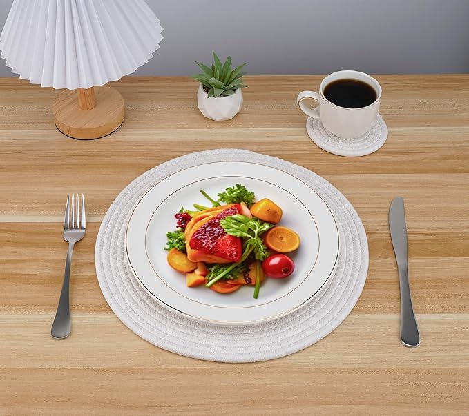 Woven Cotton Rope Round Placemats Set of 4 with Holder Included,13" Placemats&4.3" Coasters,White Round Table Mats -Natural Heat Resistant Place mats for Dinner Plates Table Decor