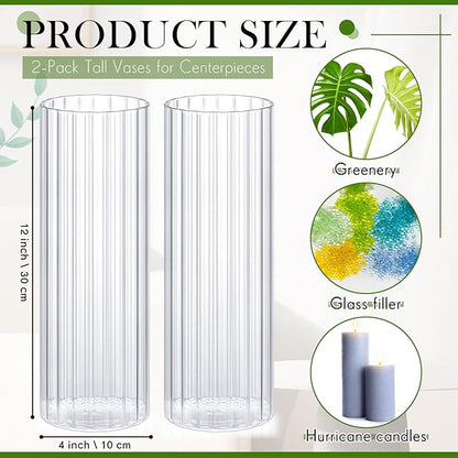 2 Pcs 12 Inch Tall Glass Ribbed Cylinder Vases Clear Floating Candle Flower Vase in Bulk, Hurricane Candle Holder for Wedding Housewarming Gift Table Centerpieces