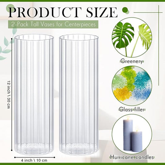 2 Pcs 12 Inch Tall Glass Ribbed Cylinder Vases Clear Floating Candle Flower Vase in Bulk, Hurricane Candle Holder for Wedding Housewarming Gift Table Centerpieces