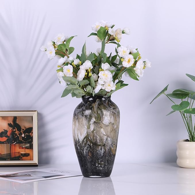 Abstract Art Hand Blown Glass Vase, Black Smoke Glass Vase for Flowers, Elegant Wide Mouth Glass Vase for Centerpieces, Vintage Glass Farmhouse Vase, Unique Modern Vase Decor for Home