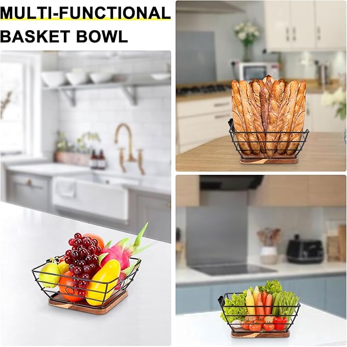 Livabber Countertop Fruit Basket Bowl with Banana Hanger, Modern Standing Fruit Vegetable Bowl Storage, with Banana Tree Holder for Kitchen Dinning Table (Square Wood, Black)