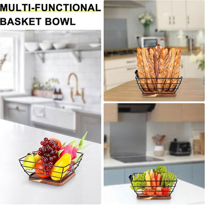 Livabber Countertop Fruit Basket Bowl with Banana Hanger, Modern Standing Fruit Vegetable Bowl Storage, with Banana Tree Holder for Kitchen Dinning Table (Square Wood, Black)