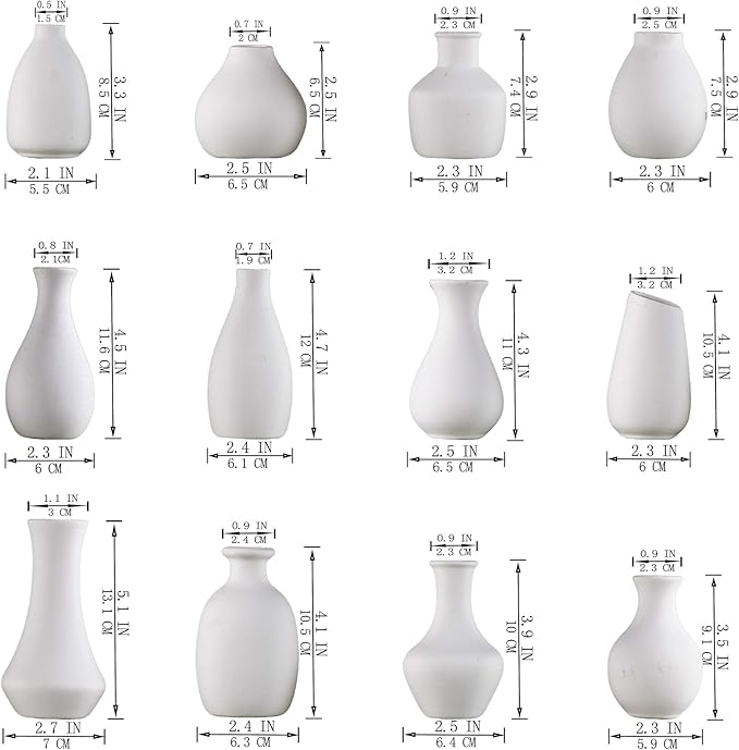 White Bud Vases, Ceramic Small Vase Set of 12, Mini Vases for Fresh and Dried Flowers, Modern Home Decor, Pottery Table Centerpiece
