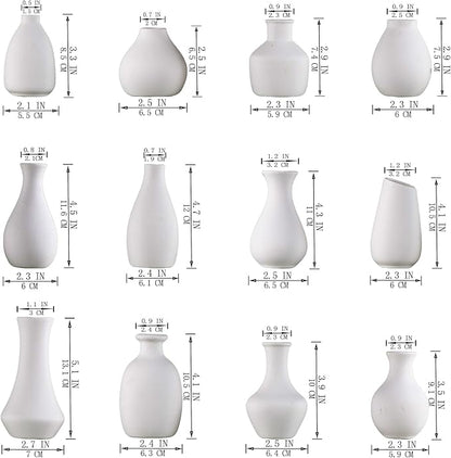 White Bud Vases, Ceramic Small Vase Set of 12, Mini Vases for Fresh and Dried Flowers, Modern Home Decor, Pottery Table Centerpiece