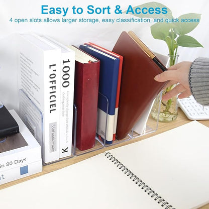 Marte Vanci Clear Acrylic File Sorter, Sturdy Desk File Organizer Shelf Book Holder Purse Handbag Clutch Divider File Folder Rack for Letter Cookbooks Home Office Kitchen Supplies 4 Sections (4 Pcs)