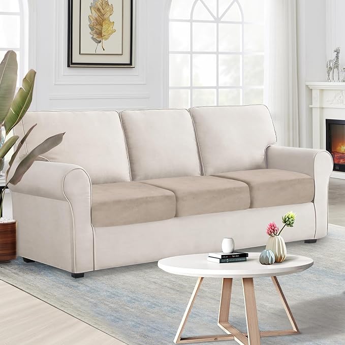 NAISI Couch Cushion Covers 3 Pieces Velvet Stretch Sofa Seat Covers or Backrest Covers Soft Individual Couch Covers for Sectional Sofa(3 Pcs for 3-Seat Cushion,Taupe)