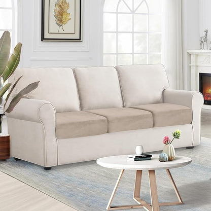 NAISI Couch Cushion Covers 3 Pieces Velvet Stretch Sofa Seat Covers or Backrest Covers Soft Individual Couch Covers for Sectional Sofa(3 Pcs for 3-Seat Cushion,Taupe)
