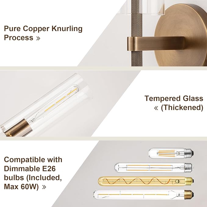 Brass Bronze 2-Light Knurled Wall Sconce, Dual-Head Vanity Lamp Set of Two with Clear Glass Tube, Bathroom Wall Sconces, Wall Lights for Living Room Bedroom Hallway Kitchen Bathroom Mirror