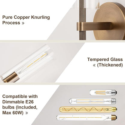 Brass Bronze 2-Light Knurled Wall Sconce, Dual-Head Vanity Lamp with Clear Glass Tube, Bathroom Wall Sconces, Wall Lights for Living Room Bedroom Hallway Kitchen Bathroom Mirror