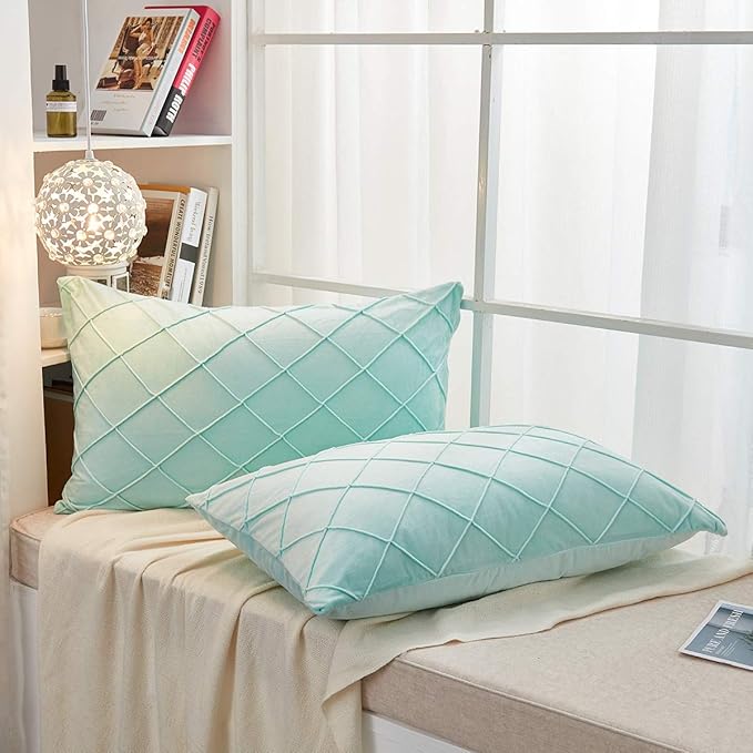 JAUXIO Diamond Pinch Pleated Crystal Velvet Pillowcases 2 Pack Solid Pintuck Throw Cushion Cover for Home Decor Hidden Zipper Closure (Mint Aqua, Standard)