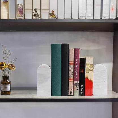Koville African Natural Marble Bookends for Shelves, Decorative Book Ends, 7lbs Heavy-Duty Marble Book Holders, Bookshelf Apartment Decor for Normal Books/CD/Video Games(Bianco Fiora)
