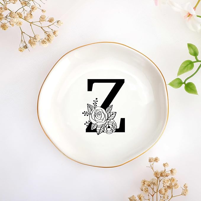 JoycuFF Initial Z Ceramic Jewelry Tray, Bridesmaid Bride Gifts, Mothers Day Christmas Anniversary Engagement Birthday Gifts for Women Couples, Trinket Dish for Rings Earrings Necklaces Bracelets Keys