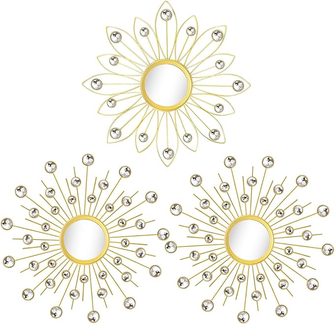 Uaussi 3 Pack Crystal Sunburst Wall Mirror Décor Rhinestone Mirrors Decorative Home Wall Art for Living Room Bedroom Entryway(Flower+Sunburst Gold)
