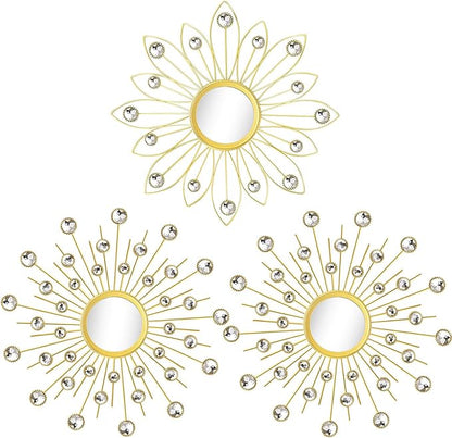 Uaussi 3 Pack Crystal Sunburst Wall Mirror Décor Rhinestone Mirrors Decorative Home Wall Art for Living Room Bedroom Entryway(Flower+Sunburst Gold)
