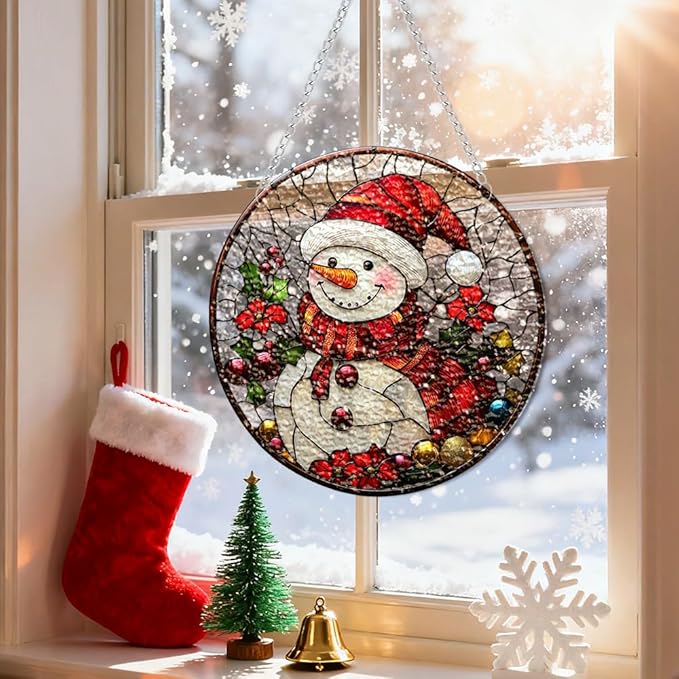 Chrismas Acrylic Stained Glass Window Hanging,Sun Catcher Decor Stained Panel Hangings Wall Art Decor, 2026 8x8inch (SCL014 Snowman 2)