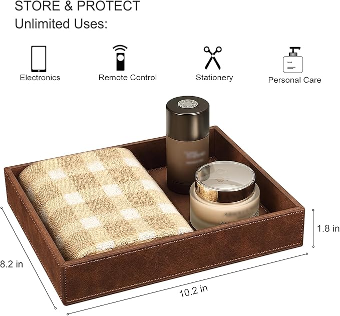 SITHON Valet Tray Desk Organizer, PU Leather Catchall Bedside Vanity Tray Nightstand Caddy Coin Box Key Jewelry Storage Organizer, Brown