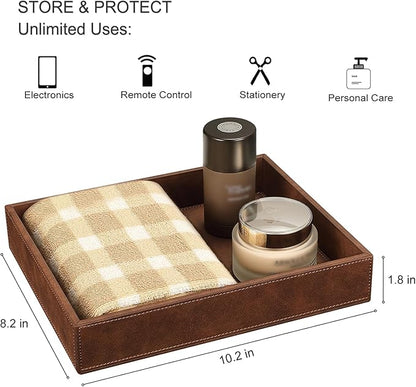SITHON Valet Tray Desk Organizer, PU Leather Catchall Bedside Vanity Tray Nightstand Caddy Coin Box Key Jewelry Storage Organizer, Brown