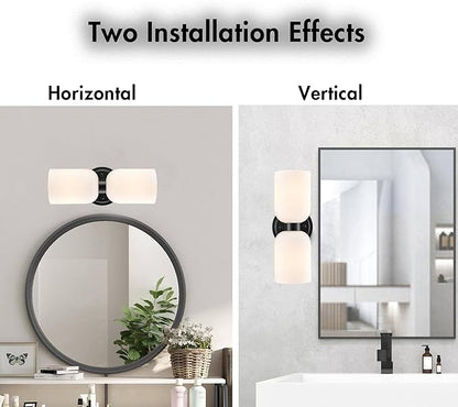 CLAXY Wall Sconces Set of 2 Modern Bath Vanity Light Fixtures Over Mirror Matte Black with Milky White Glass Shade Wall Lights for Bathroom, Bedroom, Hallway, Kitchen, Dimmable