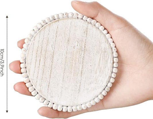 Honeydak 4 Pieces Wood Beaded Coasters 3.9 Inch Round Rustic Farmhouse Wooden Coasters for Drinks Decorative Table Top Wood Bar for Housewarming Home Kitchen(Beige)