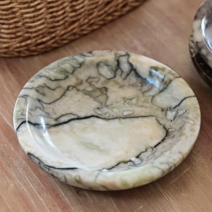 ZSHAWN Natural Cold Emerald Marble Ring Dish Jewelry Tray – 5.5" Trinket Dish for Rings Earrings Necklace, Scratch-Resistant Vanity Organizer, Elegant Gift for Women