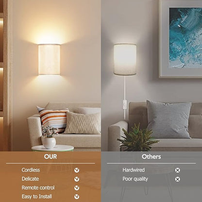 Wall Sconces Set of Two, Battery Operated Wall Sconces 3 Colors Changeable Dimmable Wall Lights Fixtures with Remote Control Fabric Wall Lamp Sconces for Bedroom Living Room Hallway