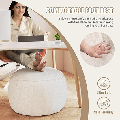 Round Pouf Ottoman Foot Rest, 29 X 18Inch Floor Poufs Footstool, A Round Modern Foam Filled Foot Stool for Living Room, Home, Nursery, Dorm, Outdoor (White, 29Inch)