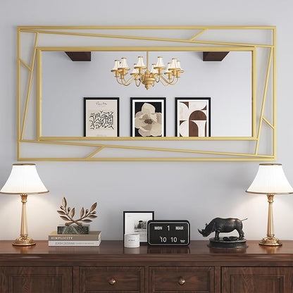 Brushed Gold Bathroom Mirror, 45''X30'' Rectangular Wall Mirrors with Geometric Metal Frame for Bathroom Bedroom Living Room, Hang Horizontally or Vertically