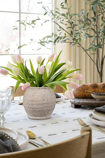 Briful 6.1'' Large Ceramic Rustic Vase Shabby Vintage Textured Vase, 4.72'' Wide Mouth Pampas Jar Vases Pottery for Fake Flowers Branches, Farmhouse Home Décor, Weddings Shelf Table Decor, Cream White