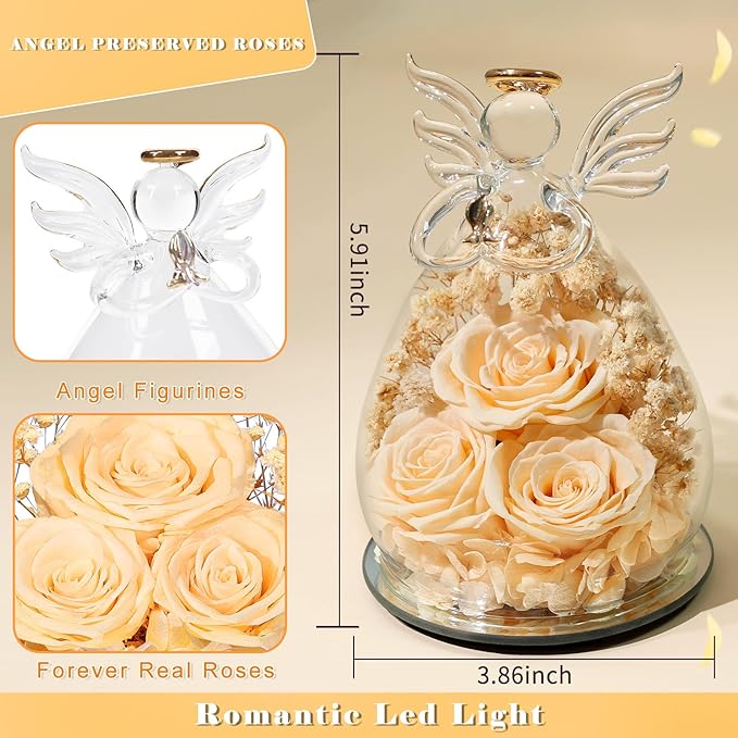 Beferr Valentines Day Rose Gifts for Her Women Mom Gifts for Birthday, Fresh Flowers for Delivery Prime Forever Preserved Rose in Glass Angel Figurine, for Grandma Wife Kids Daughter