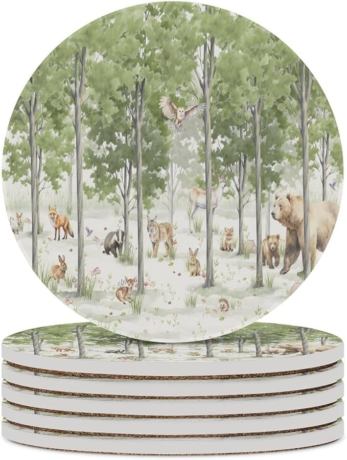 Round-6PCS Forest Drink Coasters, Round Modern Ceramic Absorbent Coasters, Cartoon Forest Nature Animal Bear, Deer, Fox, Rabbit Style Decor Desk Coffee Table Coaster for Beverage Cup Tea Coasters