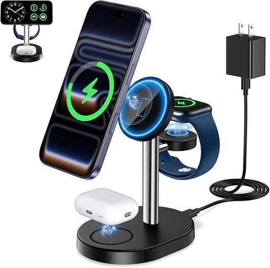 2025 3 in 1 Wireless Charging Station for Apple MagSafe Charger, 15W Fast Magnetic Mag-Safe Charger Stand for iPhone 17 16 15 14 13 12 Apple Watch AirPods Compatible with MagSafe, Silver&Black