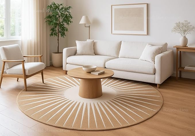 Modern Round Area Rug – Hand-Tufted with 100% NZ Wool, Thick & Soft Circular Carpet for Living Room, Bedroom & Dining Room Decor (Warm Natural, 7' Round)