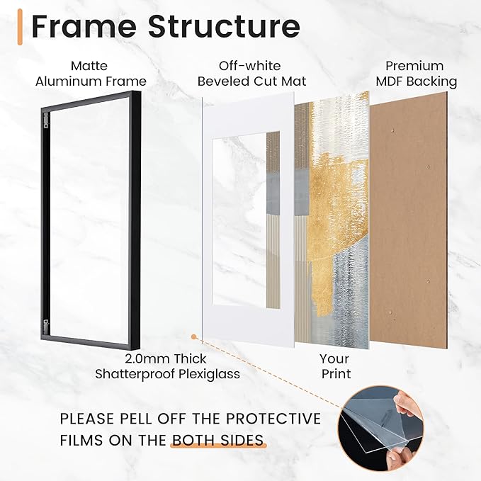11x14 inch Metal Picture Frame - 11 x 14 Thin Aluminum Photo Frames with 8x10 Removable Mat - High Definition Plexiglass - Vertical and Horizontal Display - Wall Hook Hanging Hardware Included - Black, Set of 1