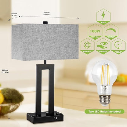 Modern Table Lamps Set of 2-22" Tall Bedside Lamps with USB-C/USB-A Charge Ports & Outlet, Stepless Dimmable Fabric Gray Shade Nightstand Lamps for Bedroom & Living Room