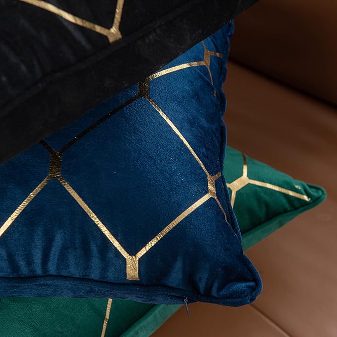 WACOMECO Gold Throw Pillow Covers, Pack of 2 Soft Velvet Decorative Cushion Covers for Couch Sofa Home Decoration, Navy Blue, 18x18 Inch