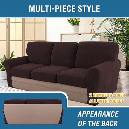 H.VERSAILTEX Multi-Pieces Sofa Covers Stretch Couch Covers Form Fitted Seats and Back Cushions Covers (3 Seat Covers Plus 3 Back Cusion Covers, Bonus 2 Armrest Covers), Chocolate