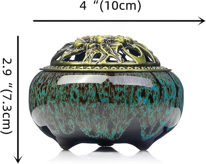 Incense Burner with Calabash Incense Stick Holder - Porcelain Charcoal Censer for Use with Resin Granular Powder Cone or Coil Incense (Kiln-Colored Blue)