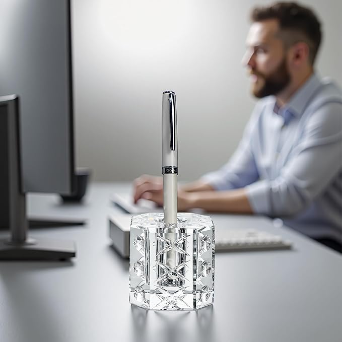 QFkris Fancy Crystal Single Pen Holder for Desk, Glass Fountain Pen Stand, 2.2" Feather Pencil Holder for Office Desktop Decoration, Gift for Man Woman Students Teachers Father Boyfriend
